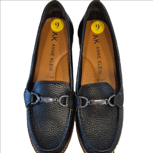 Anne Klein Black Pebbled Leather Bit Loafers